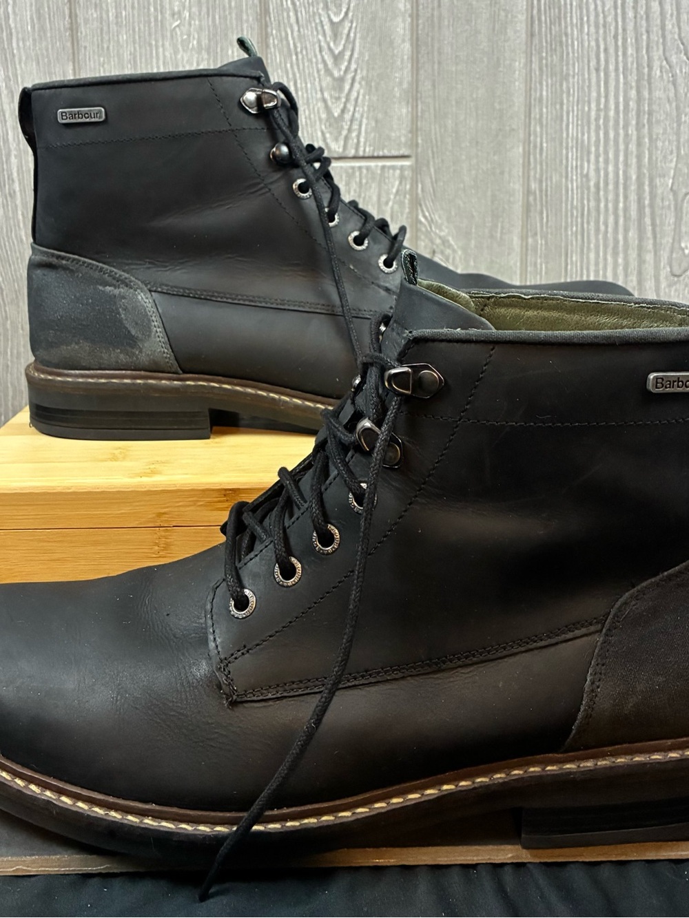Barbour Black Leather Lace-Up Ankle Boots with Suede Heel Accent
